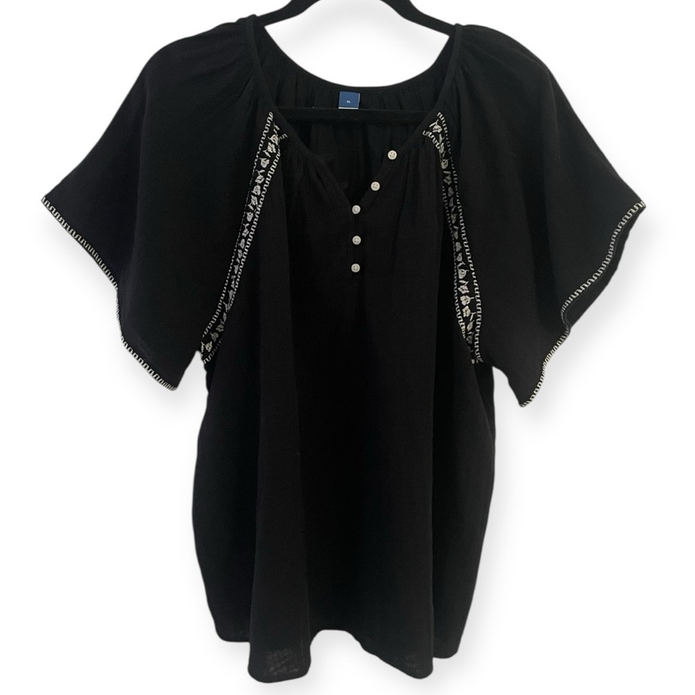 Old Navy Women’s XL Embroidered Boho Peasant Blouse Black Oversized Top Boxy